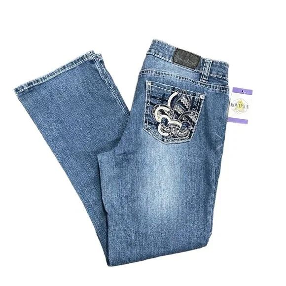 Soundgirl Jeans Juniors 17 Blue Bootcut Studs Bling Thick Stitch Fluer De Lis - Picture 1 of 16